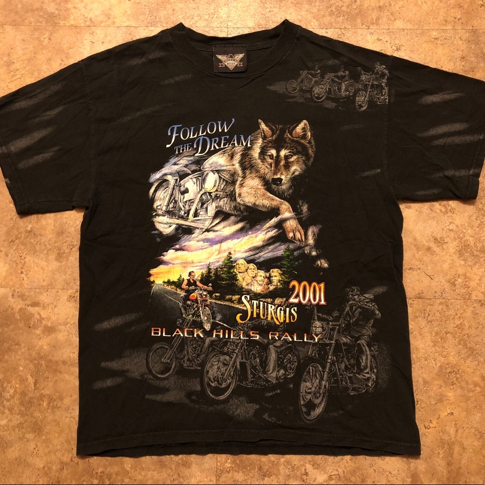 STURGIS 2001 BLACK HILLS RALLY ALL OVER PRINT TEE.